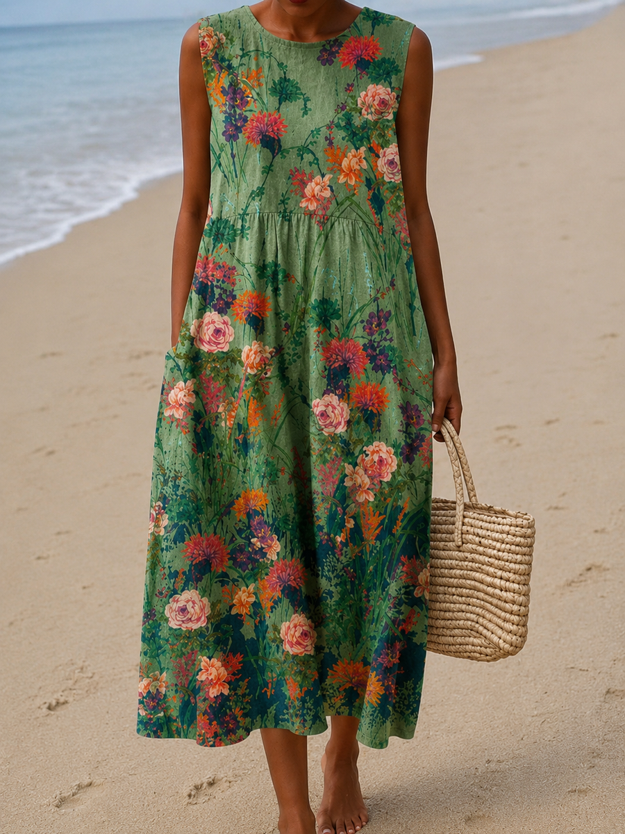 Savannah - Women's Sleeveless Printed Midi Cotton Dress