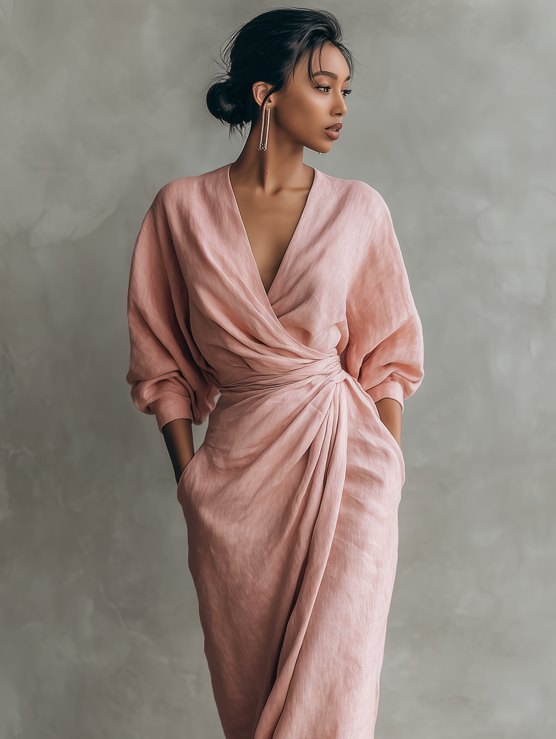 Women's  Pink Minimalist V-neck Maxi Dress