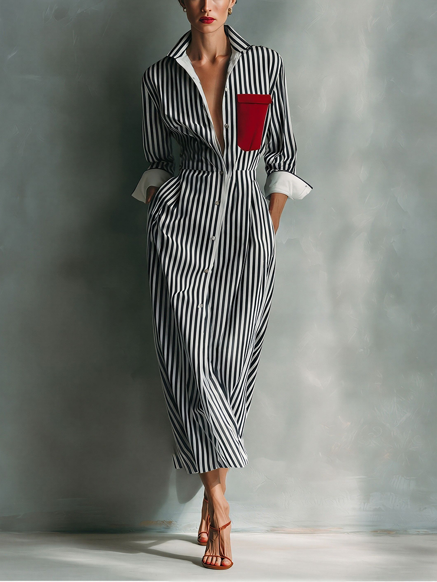 Women's Blue And White Striped Shirt Dress With Red Chest Pocket
