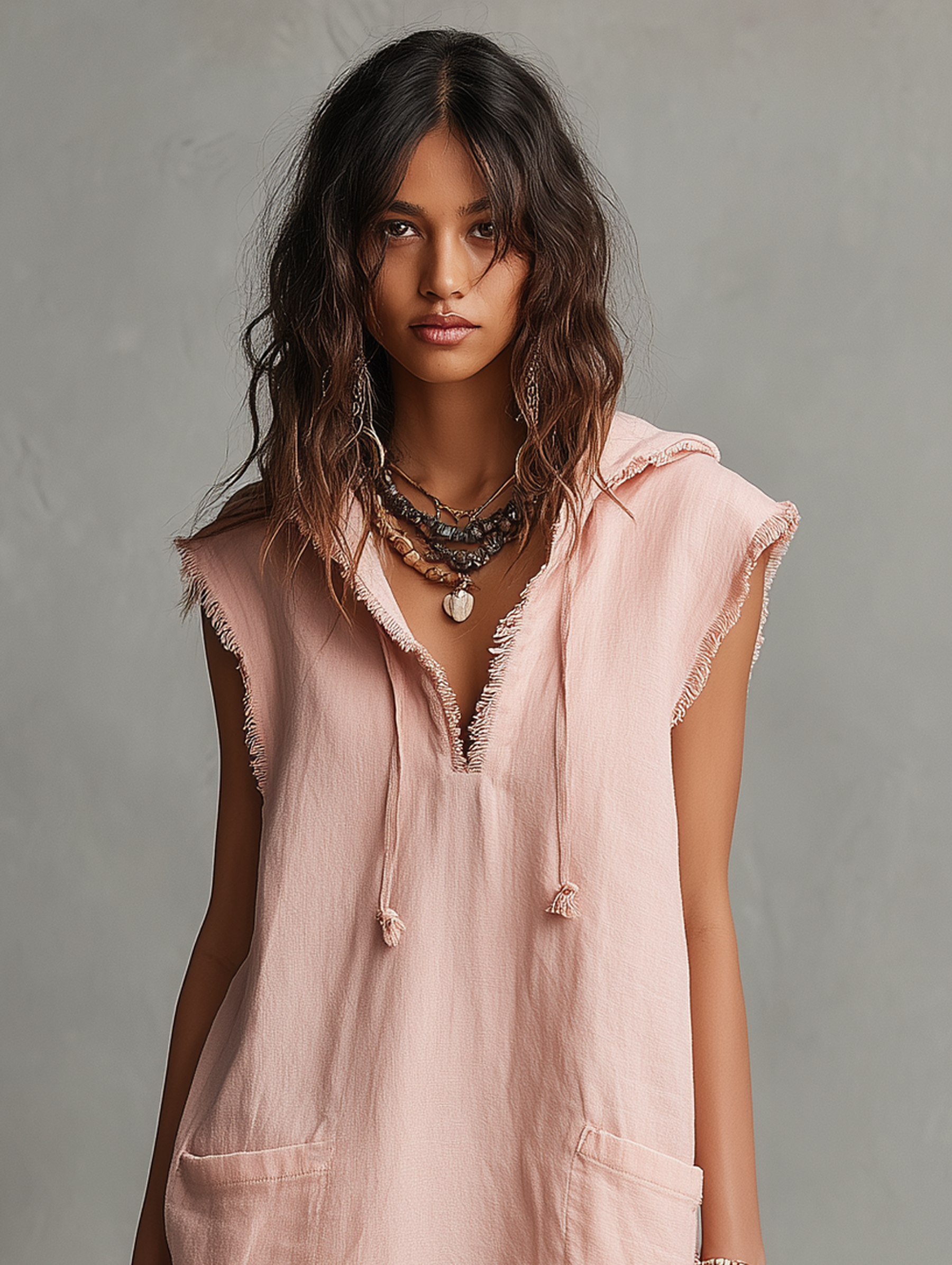 Women's Minimalist Mini Dress — Hooded, Sleeveless, Raw Hem