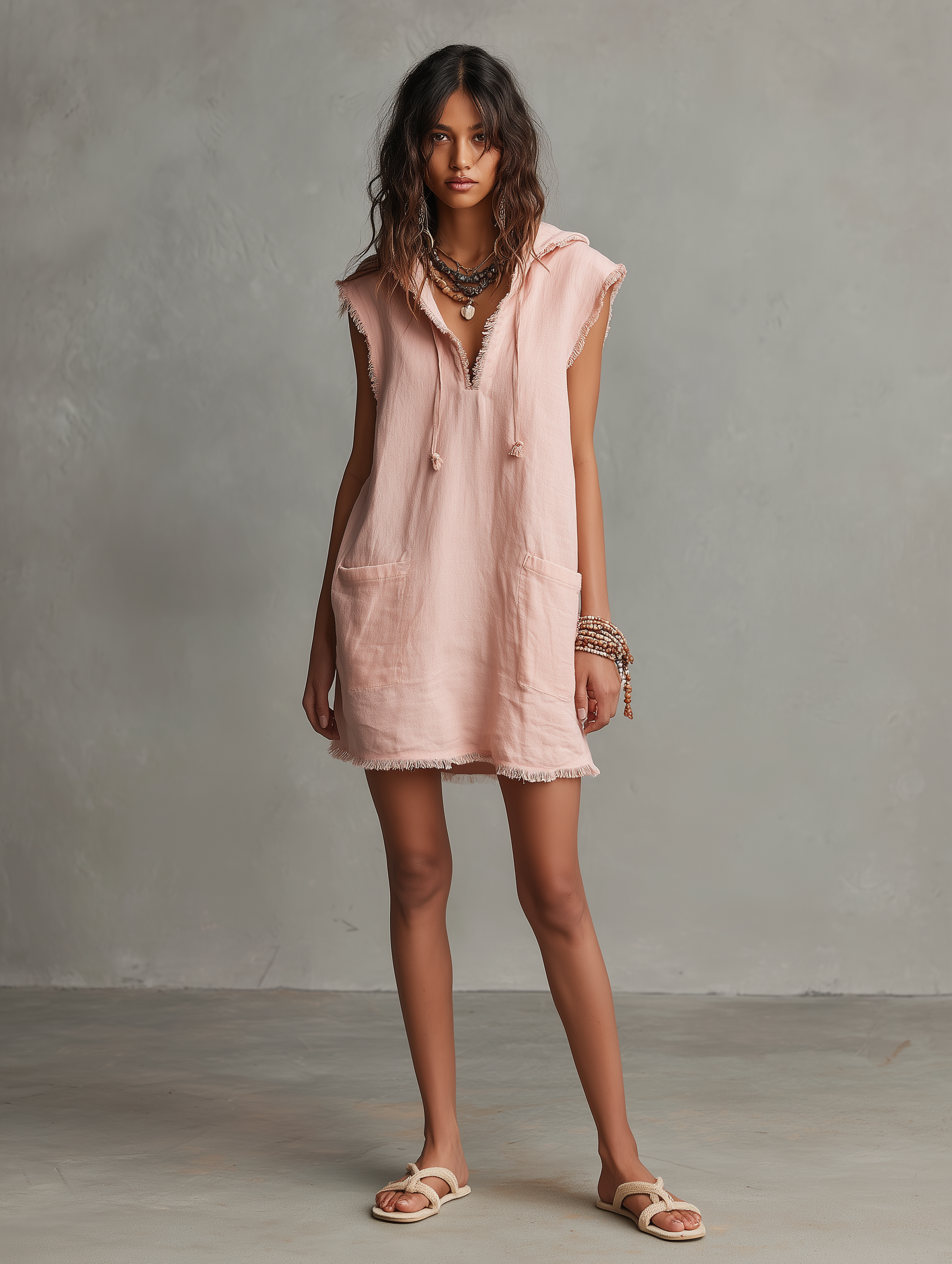 Women's Minimalist Mini Dress — Hooded, Sleeveless, Raw Hem