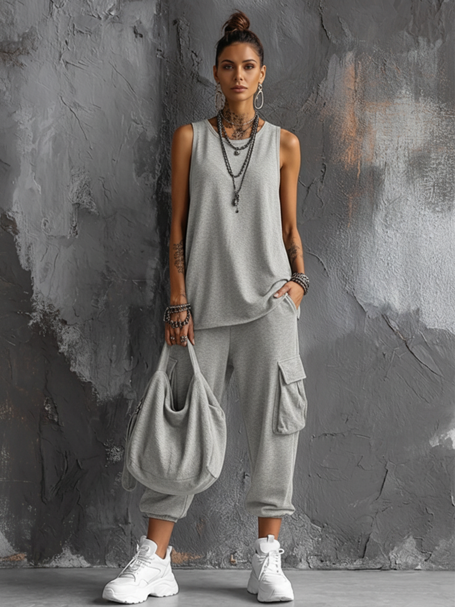 Women's Casual Style Dark Gray Sleeveless Top + Jogger Cargo Pants Set
