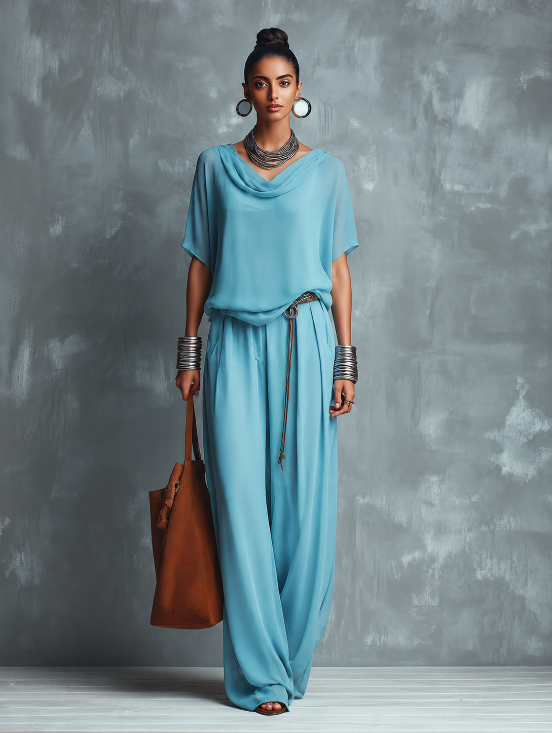 Women's Blue Chiffon Cowl-Neck Short-Sleeve Top And Wide-Leg Pants Set