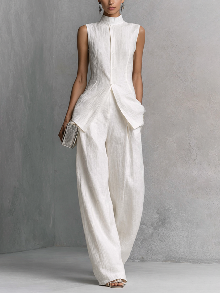 Women's Elegant White Sleeveless Top and Wide-Leg Pants Set