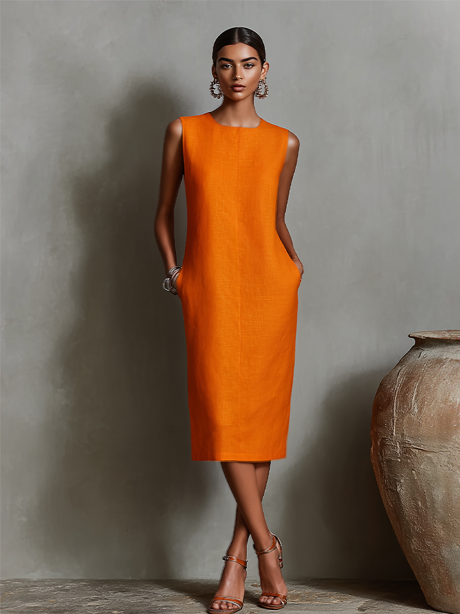 Women's Orange Dress With Sleeveless Round Neck & Side Pockets, Timeless Minimalist-Elegant Style Dress