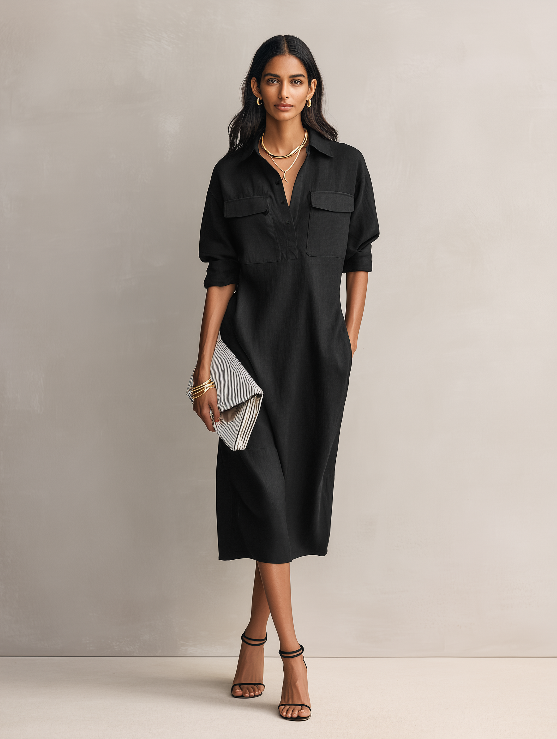 Women's Elegant Black Blend Shirt Collar Short-sleeved Midi Dress