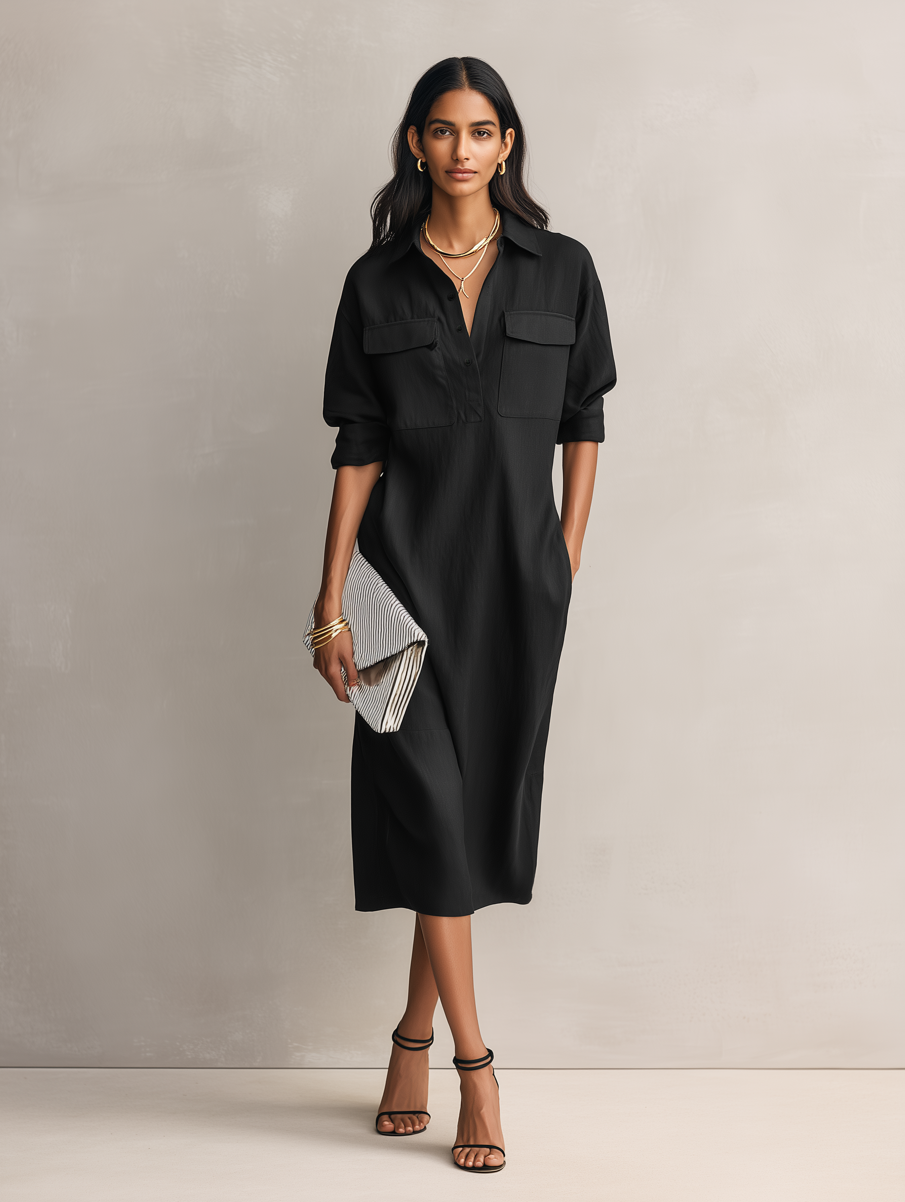 Women's Elegant Black Blend Shirt Collar Short-sleeved Midi Dress