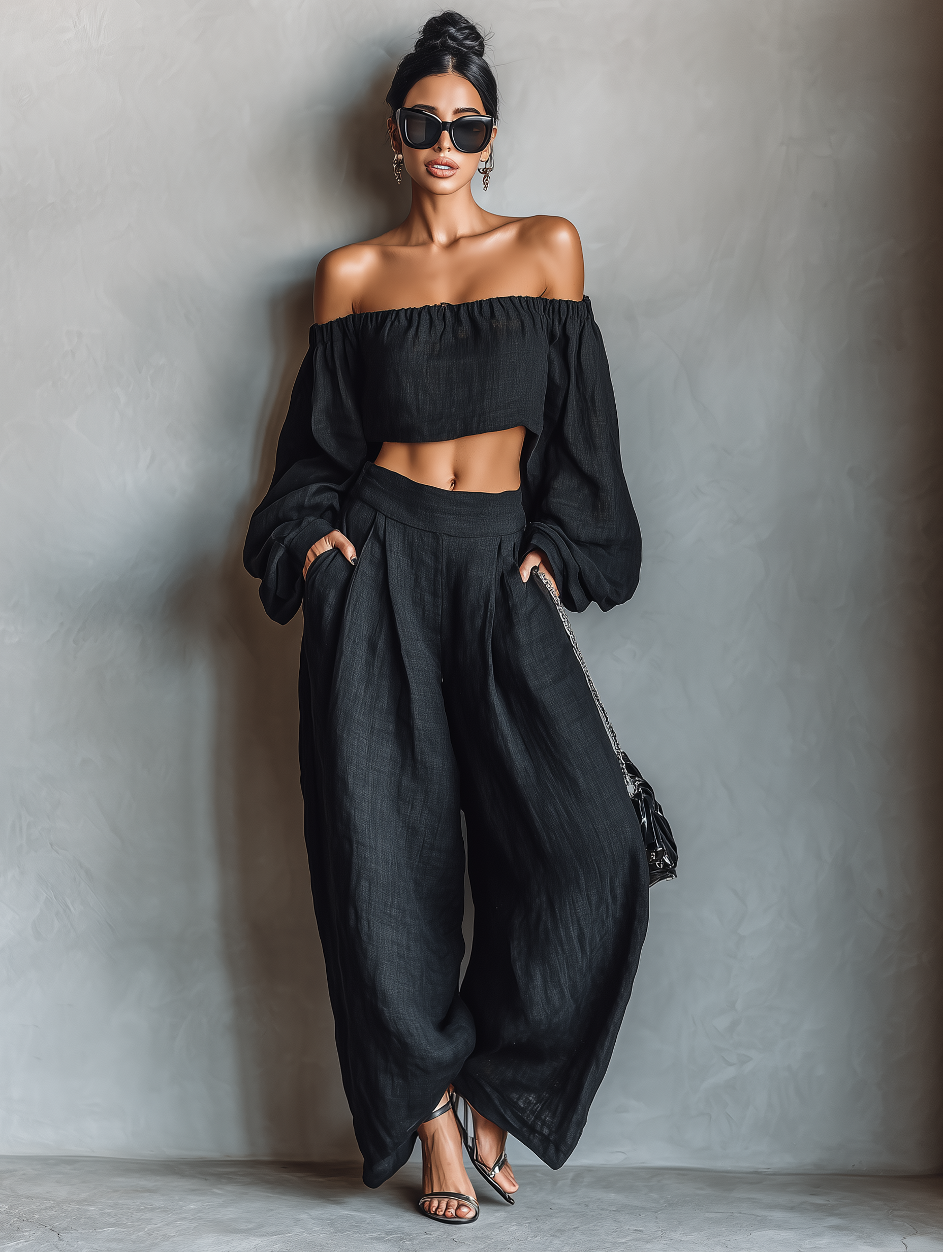 Women's Minimalist Strapless Long-sleeved Blouse And Wide-leg Pants Set
