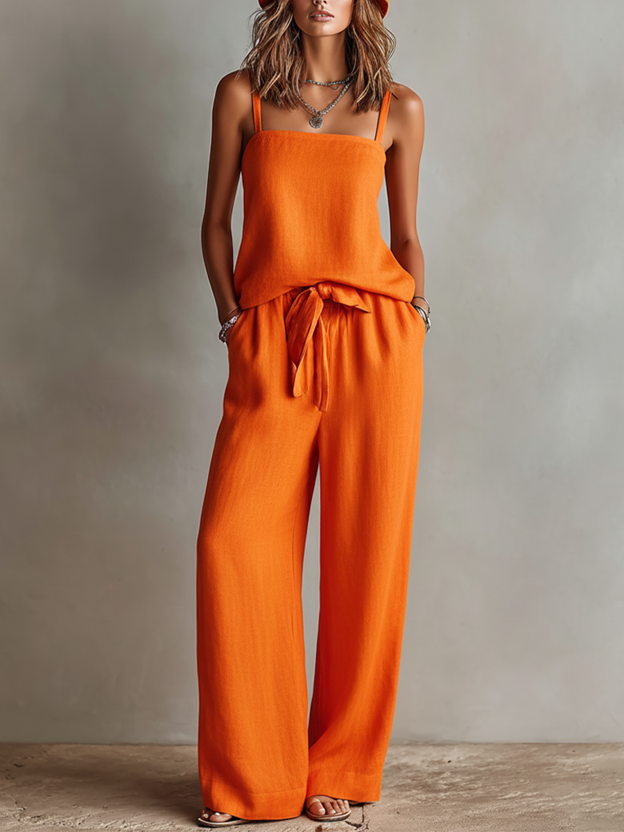 Women's Orange Two-Piece Set With Square Neck Cami Top