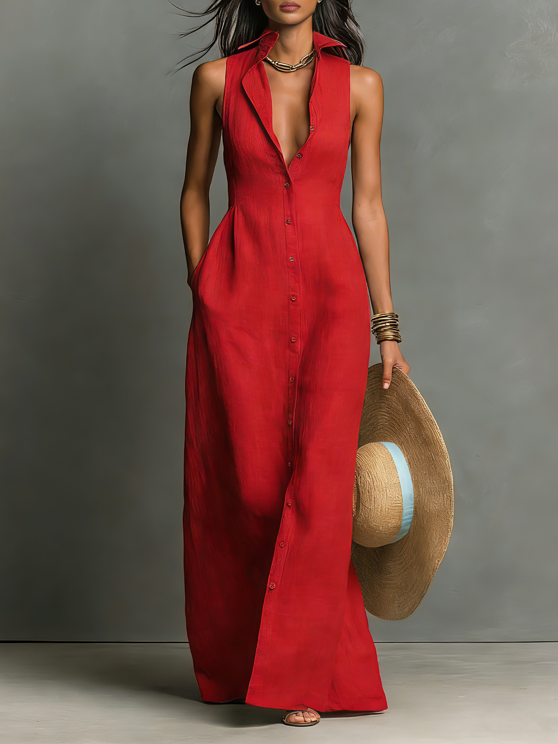 Women's Minimalist Collared Single-Breasted Sleeveless Maxi Shirt Dress