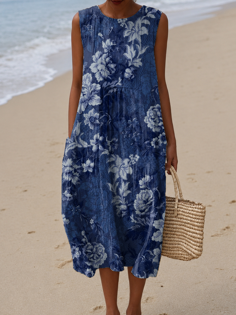 Sadie - Women's Sleeveless Printed Beach Midi Cotton Dress