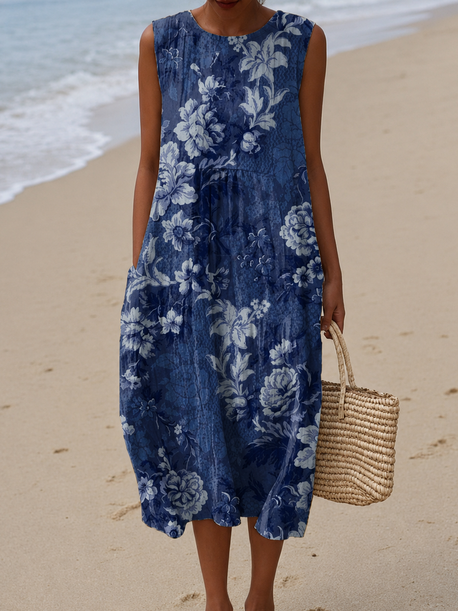 Sadie - Women's Sleeveless Printed Beach Midi Cotton Dress