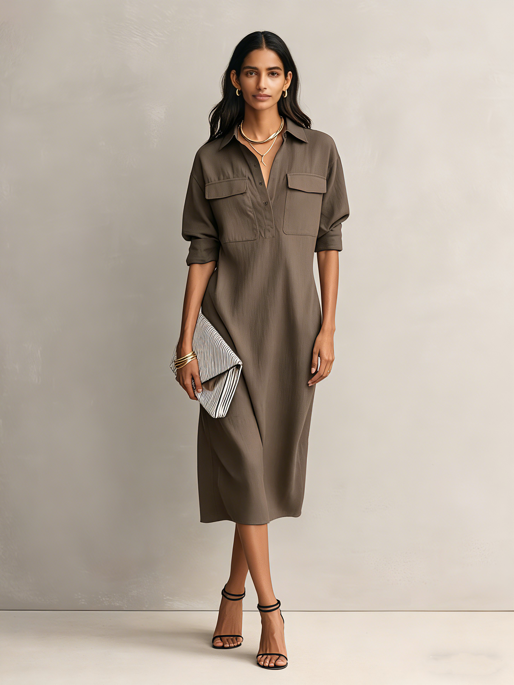 Women's Elegant Black Blend Shirt Collar Short-sleeved Midi Dress