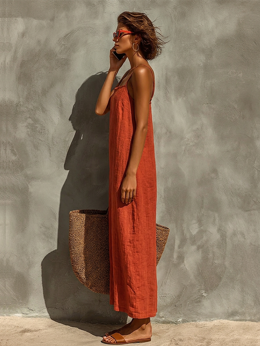Women's Red Dress With Spaghetti Straps & Square Neck, Timeless Boho-Resort Style Dress