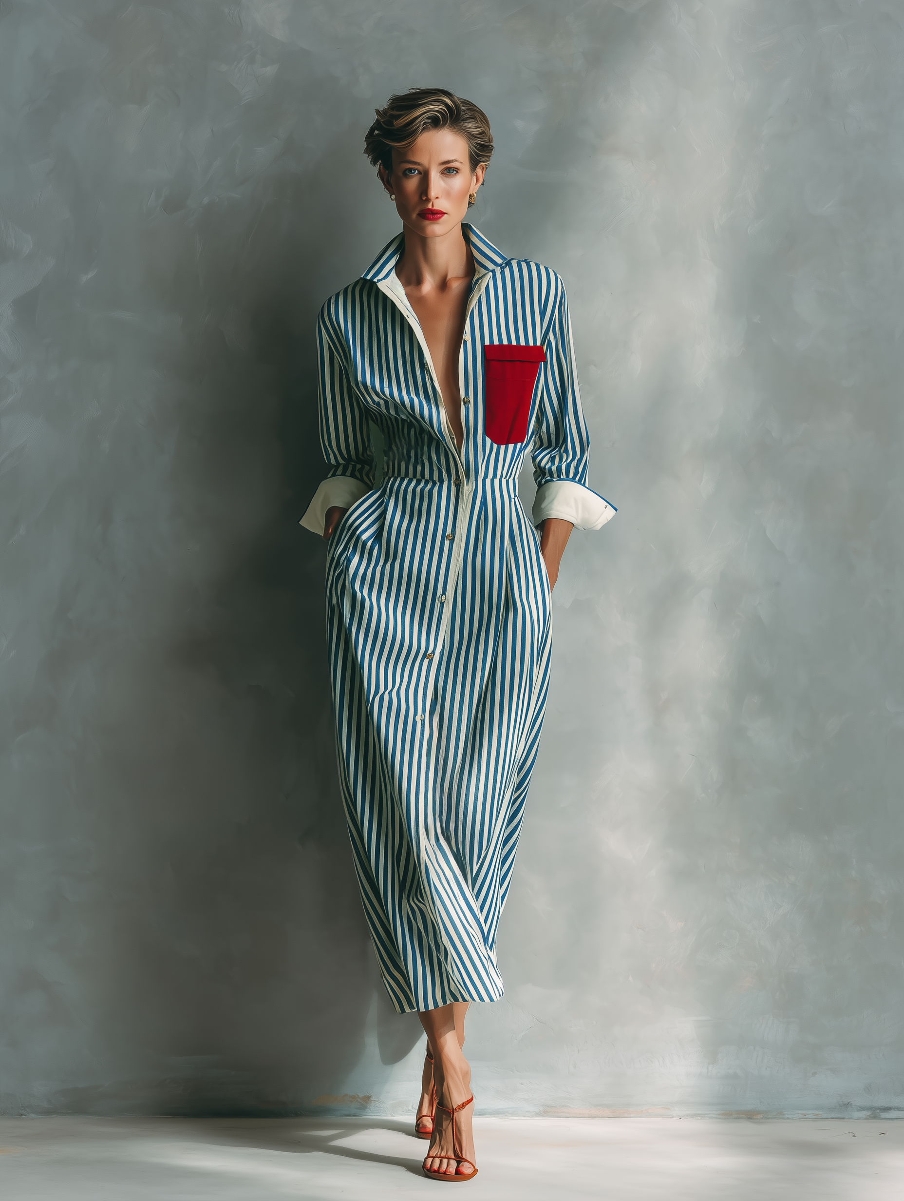Women's Blue And White Striped Shirt Dress With Red Chest Pocket