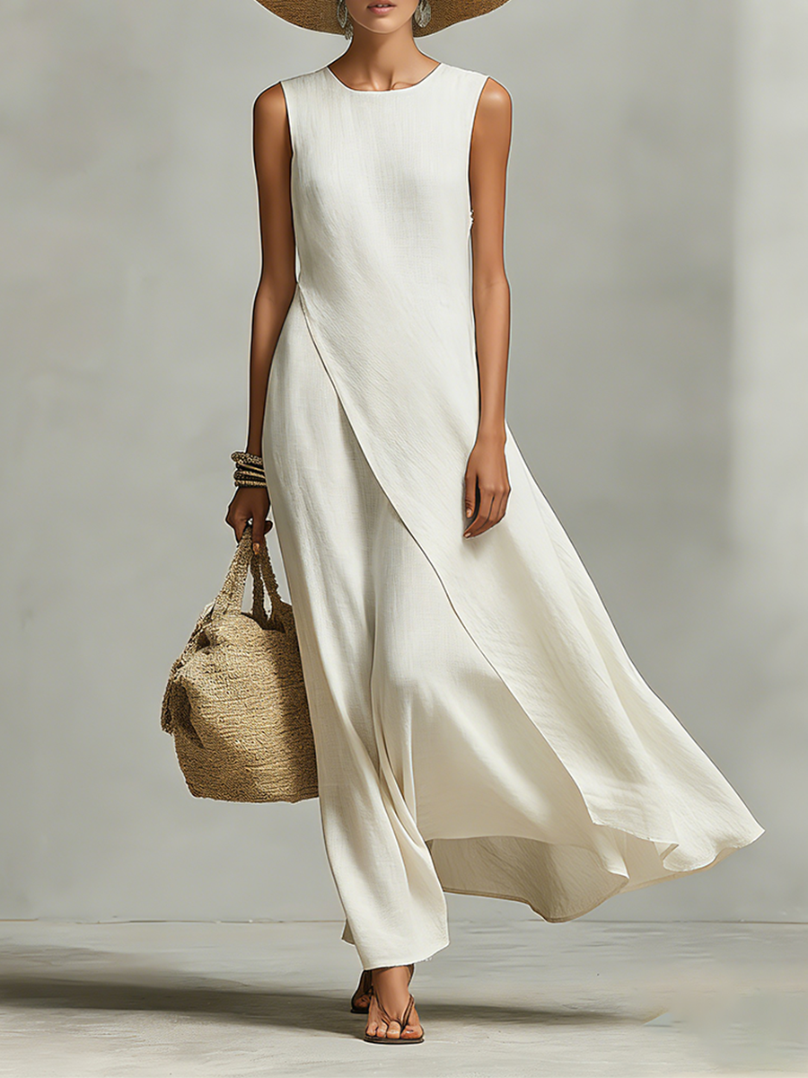 Women's Ivory Breathable Dress With Sleeveless Detail & Asymmetric Hem