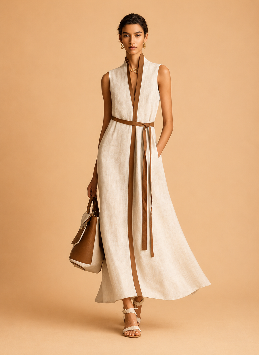 Women's Sleeveless V-Neck Tie-Waist Maxi Dress