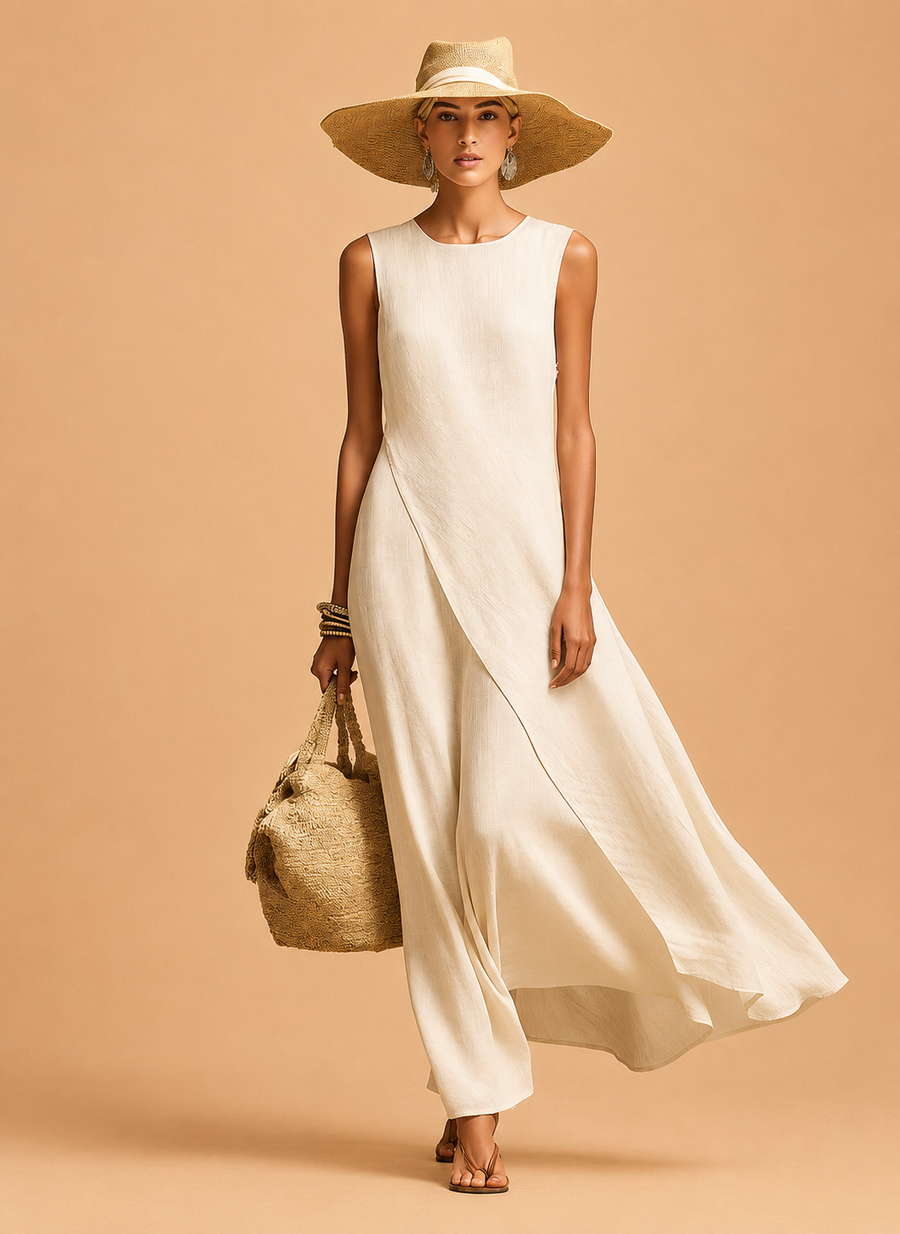 Women's Ivory Breathable Dress With Sleeveless Detail & Asymmetric Hem
