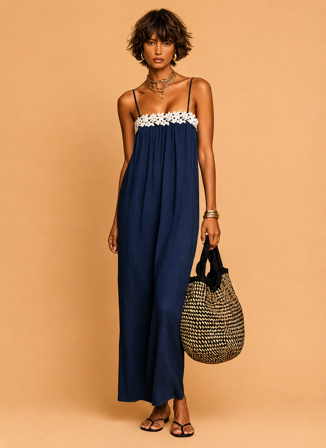 Women's Minimalist Lace-Paneled Strapless With Spaghetti Straps Maxi Dress