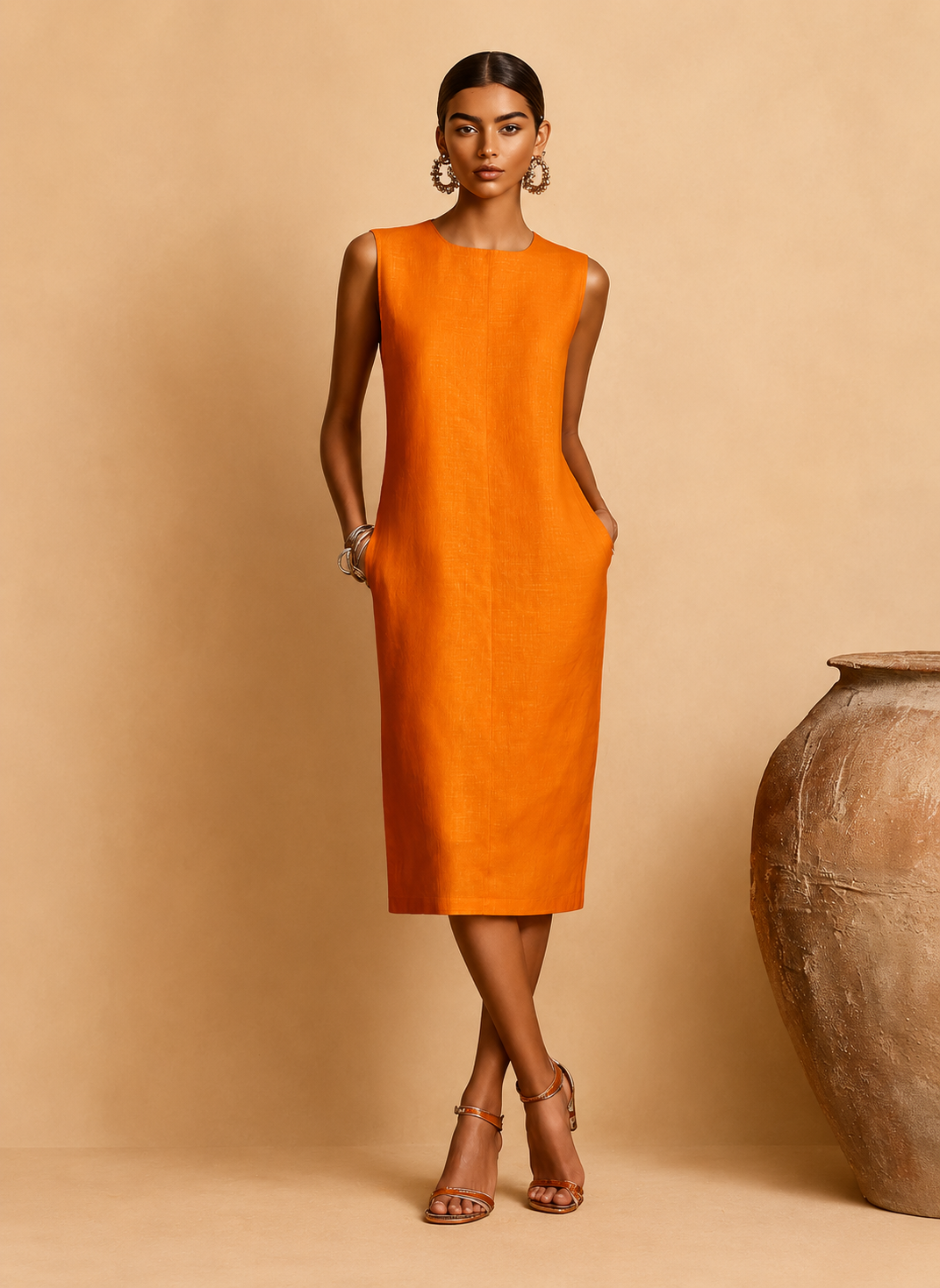 Women's Orange Dress With Sleeveless Round Neck & Side Pockets, Timeless Minimalist-Elegant Style Dress