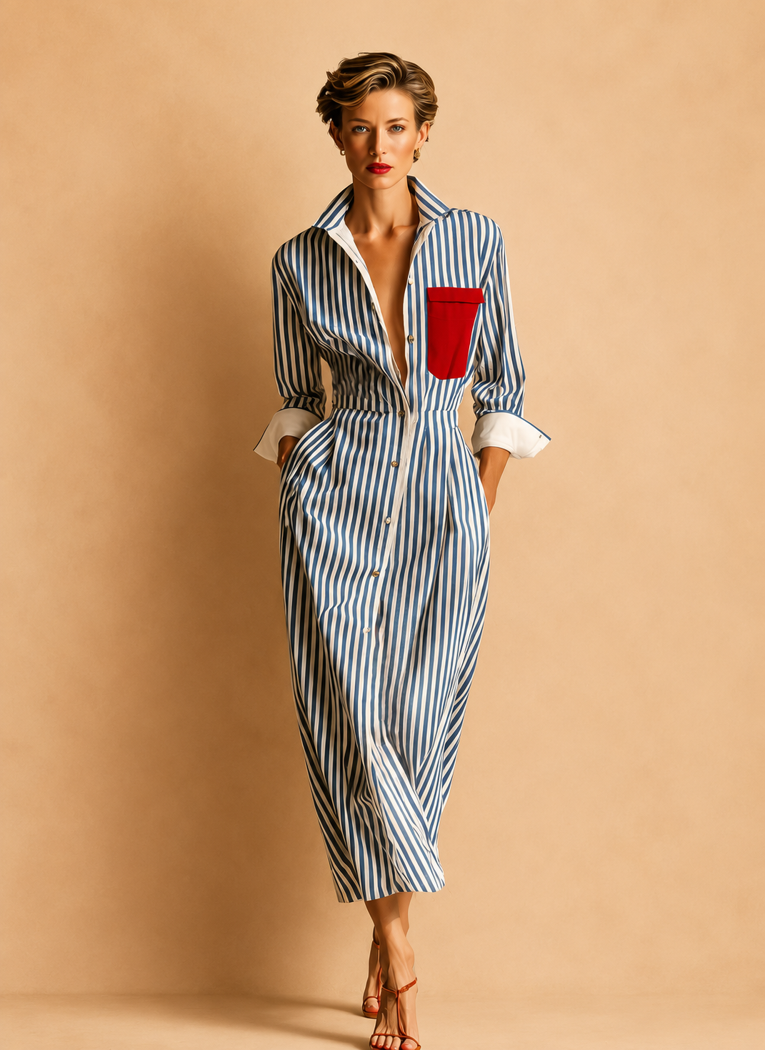 Women's Blue And White Striped Shirt Dress With Red Chest Pocket