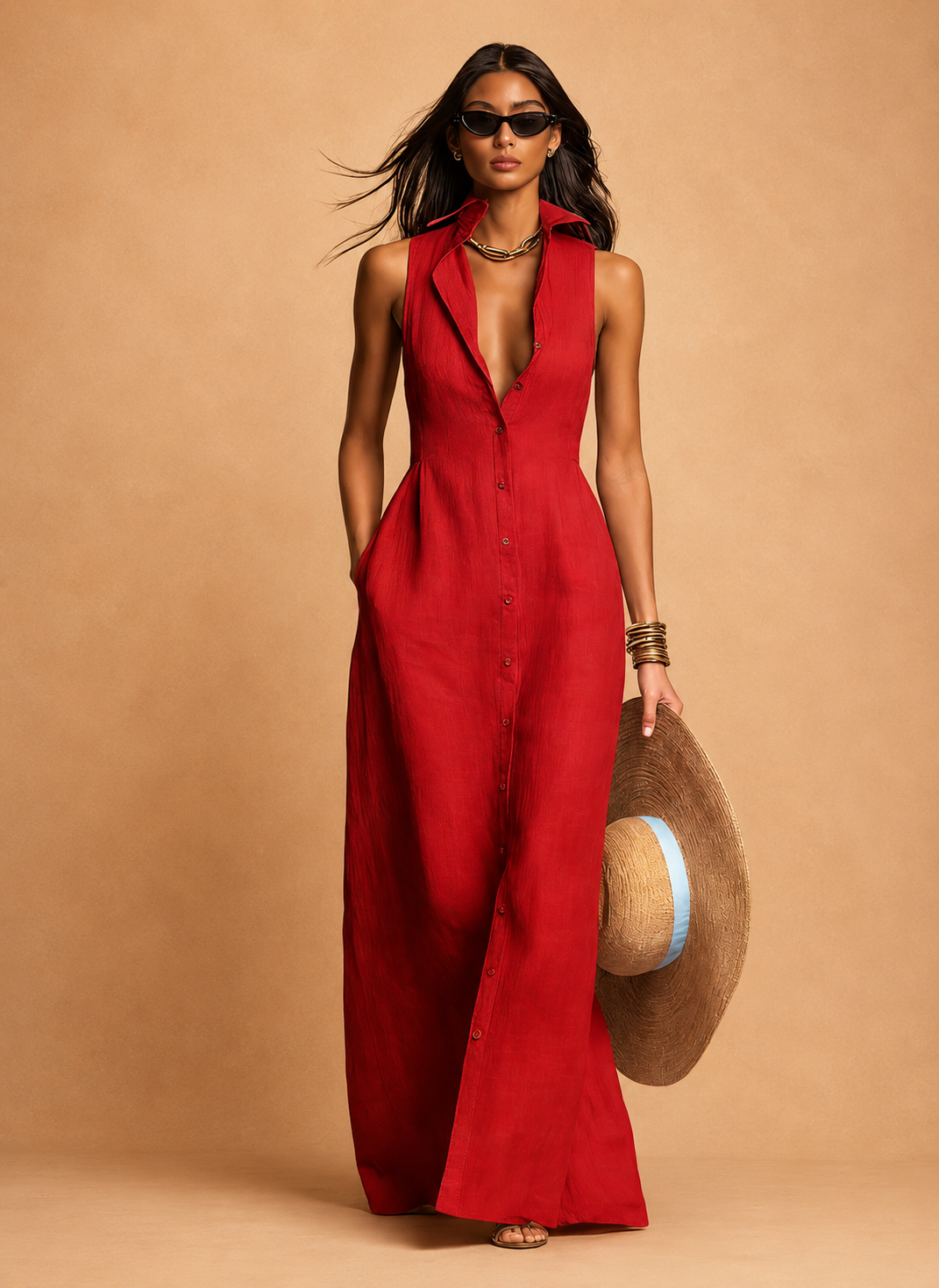 Women's Minimalist Collared Single-Breasted Sleeveless Maxi Shirt Dress