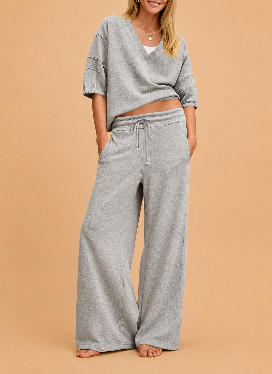 Womens 2 Piece Outfits Casual V Neck Shirts Wide Leg
