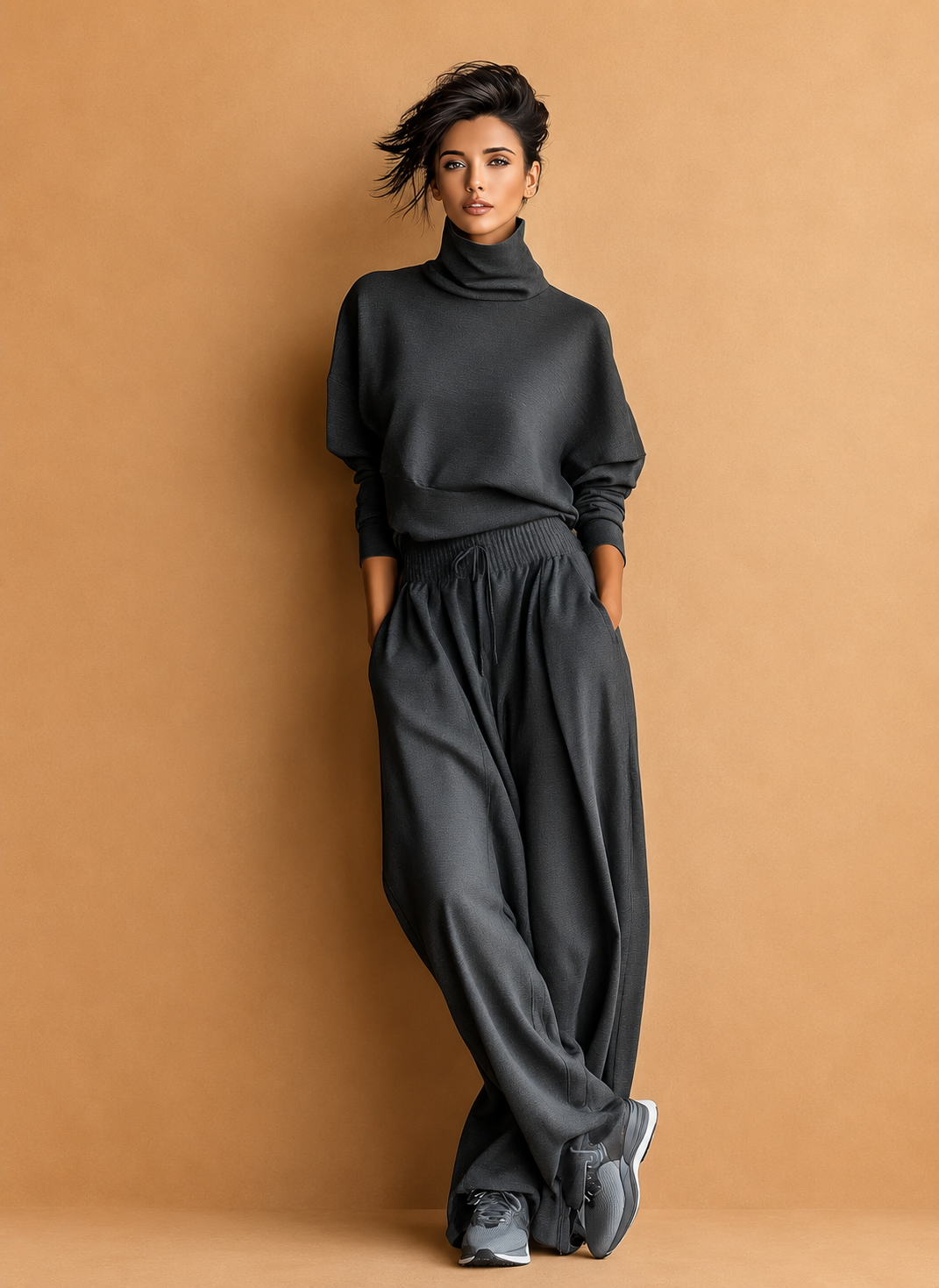 Women's Charcoal Knit Fabric Turtleneck Oversized Top & Wide-Leg Pants Set