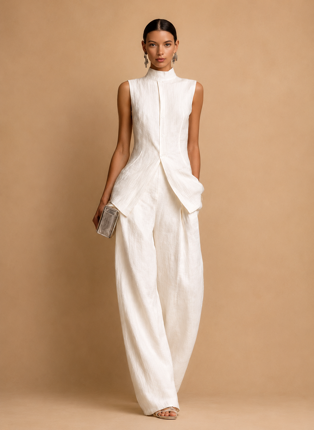 Women's Elegant White Sleeveless Top and Wide-Leg Pants Set