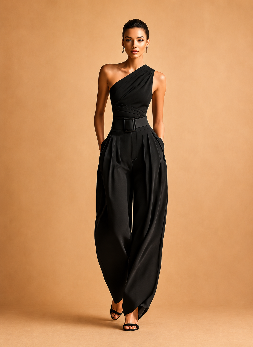 Women's Black High-elastic Knit Top And Acetate Wide-leg Pants