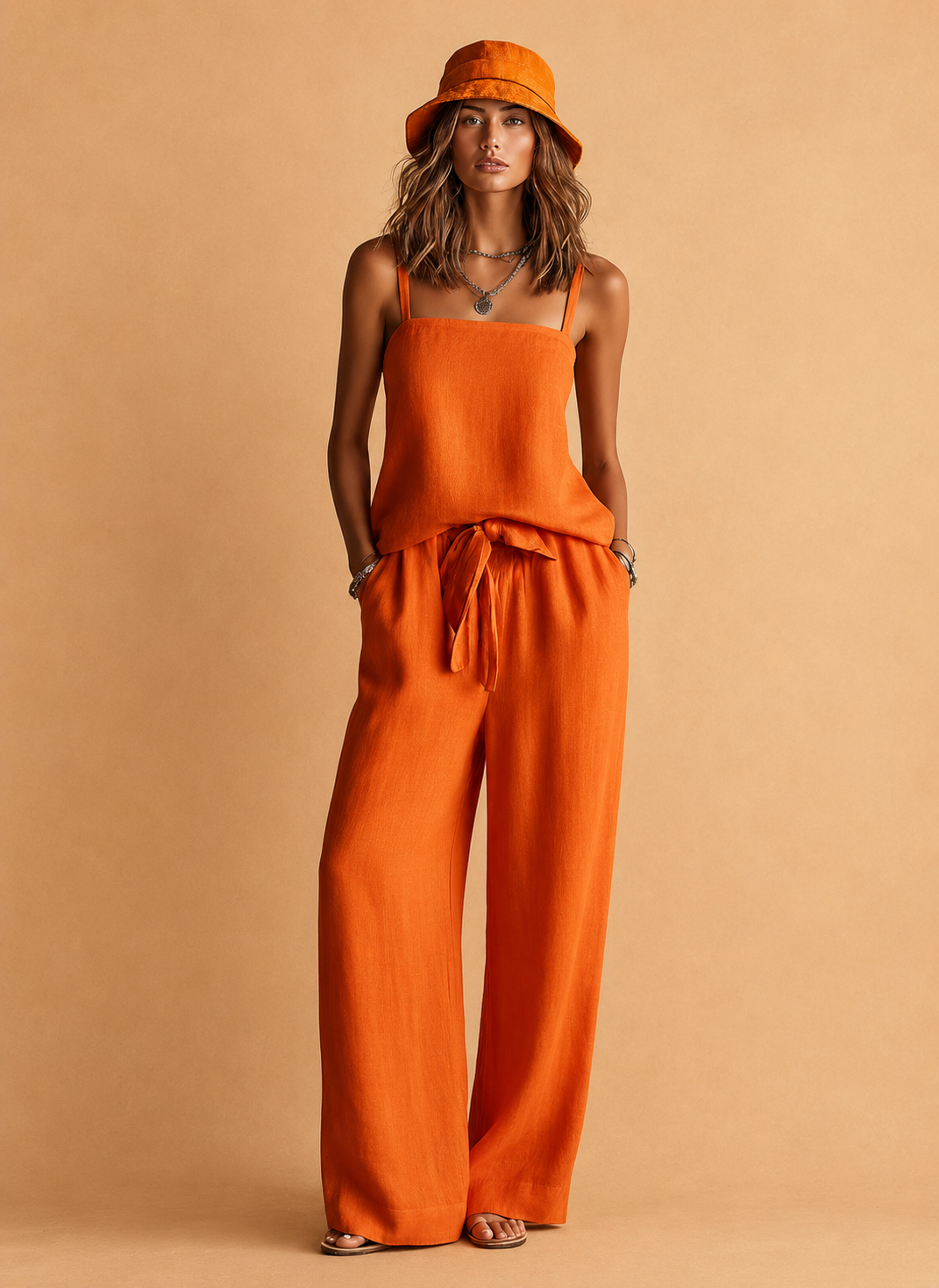 Women's Orange Two-Piece Set With Square Neck Cami Top