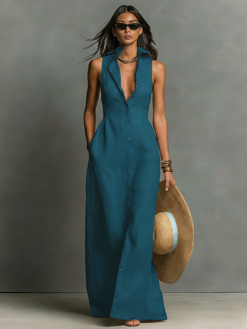 Women's Minimalist Collared Single-Breasted Sleeveless Maxi Shirt Dress