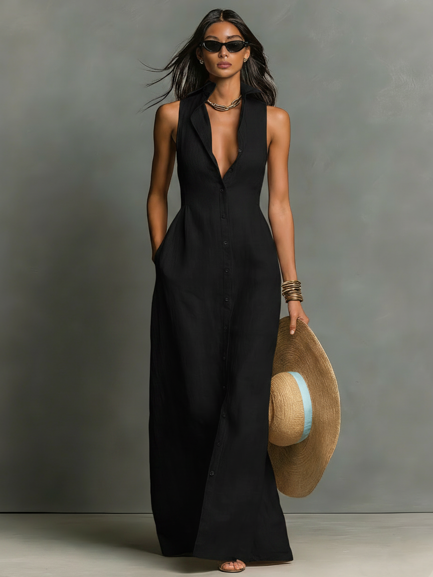 Women's Minimalist Collared Single-Breasted Sleeveless Maxi Shirt Dress