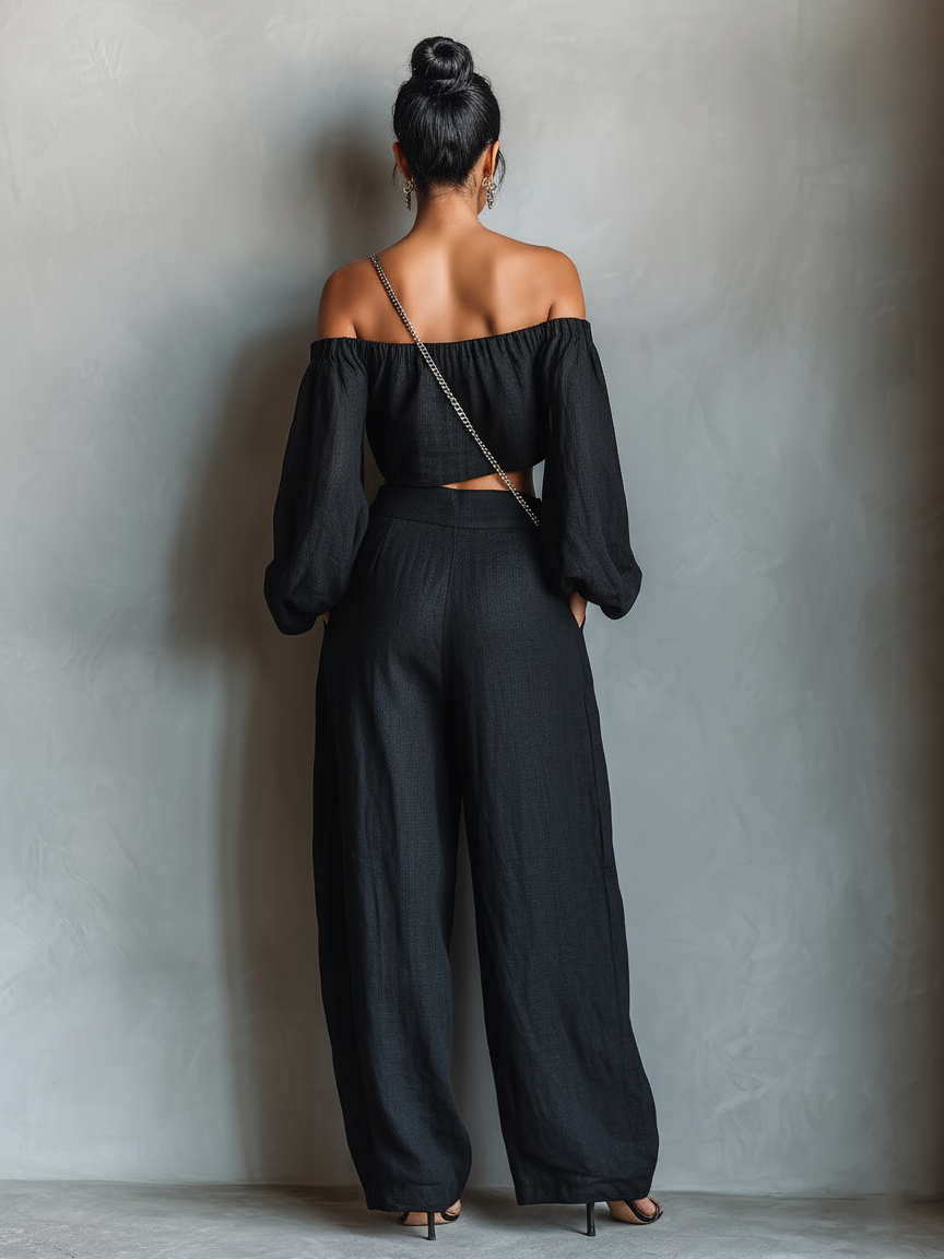 Women's Minimalist Strapless Long-sleeved Blouse And Wide-leg Pants Set