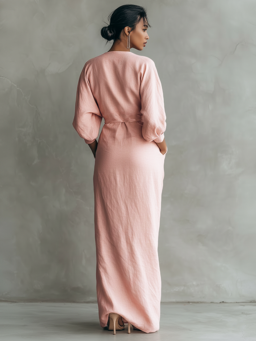 Women's  Pink Minimalist V-neck Maxi Dress