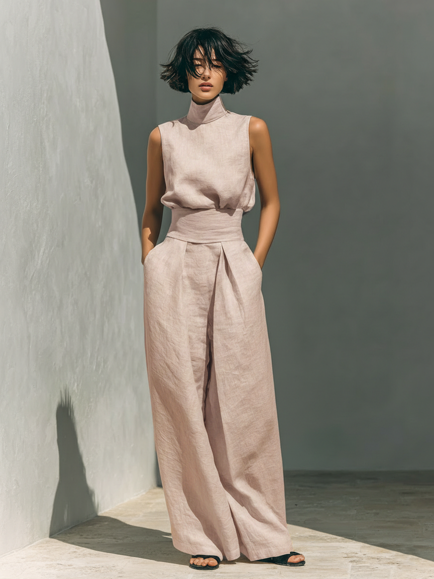 Women's Minimalist Sleeveless Blouse And Wide-leg Pants Set