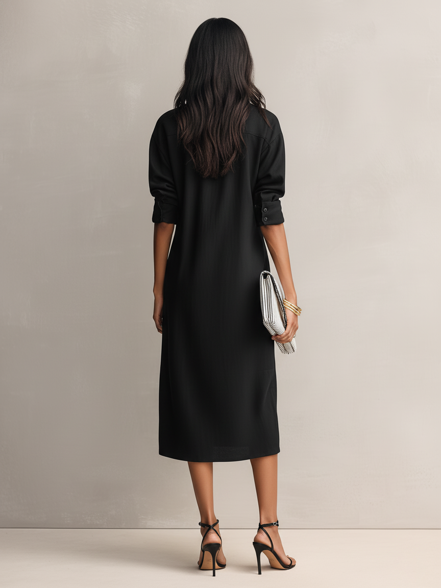 Women's Elegant Black Blend Shirt Collar Short-sleeved Midi Dress