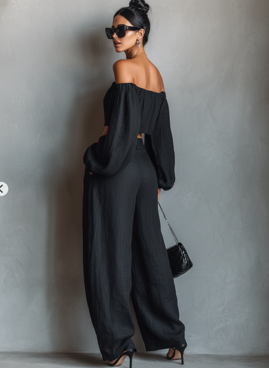 Women's Minimalist Strapless Long-sleeved Blouse And Wide-leg Pants Set