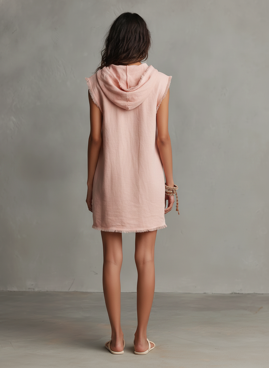 Women's Minimalist Mini Dress — Hooded, Sleeveless, Raw Hem