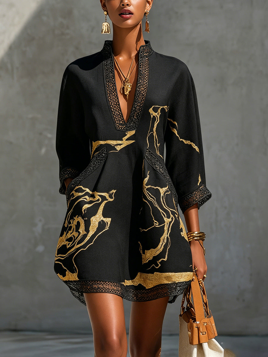Diana - Short Dress With A Black And Gold Print