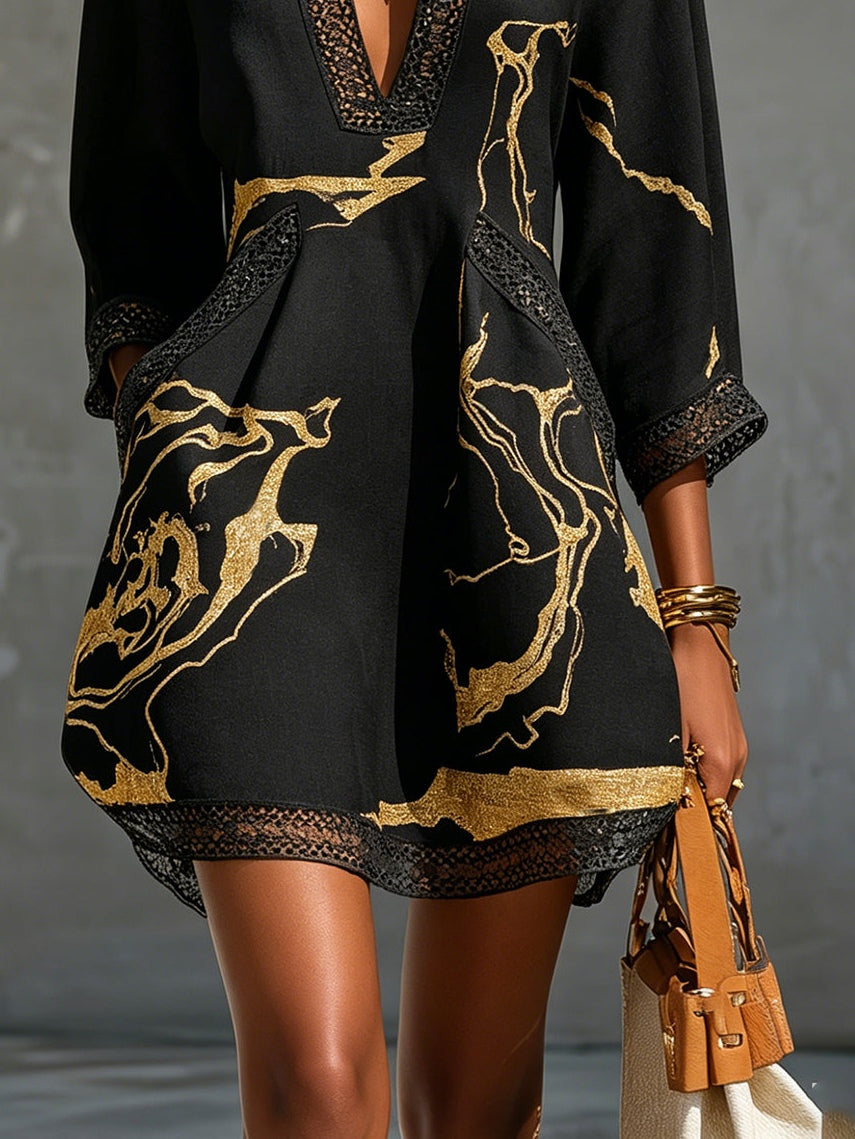 Diana - Short Dress With A Black And Gold Print