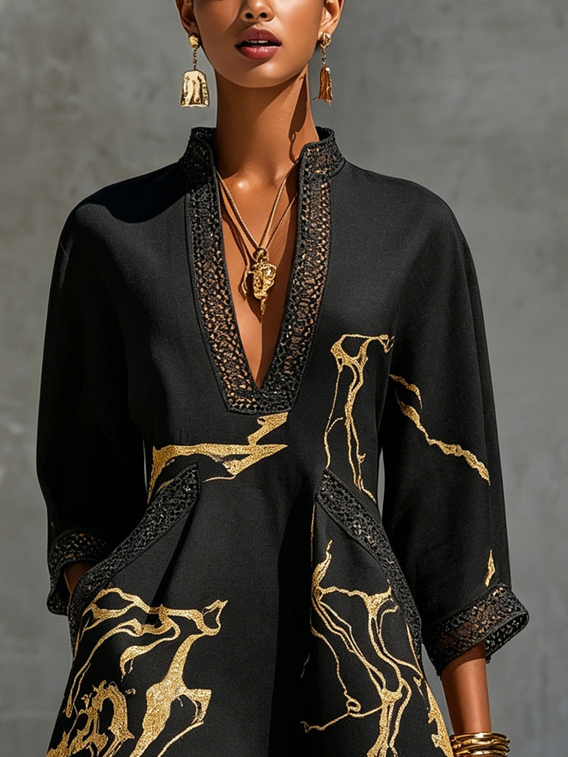 Diana - Short Dress With A Black And Gold Print