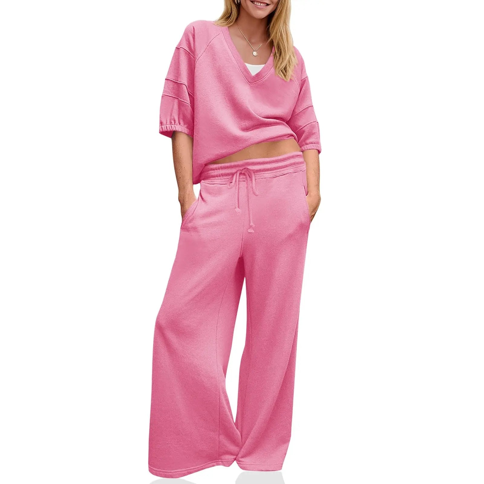 Womens 2 Piece Outfits Casual V Neck Shirts Wide Leg