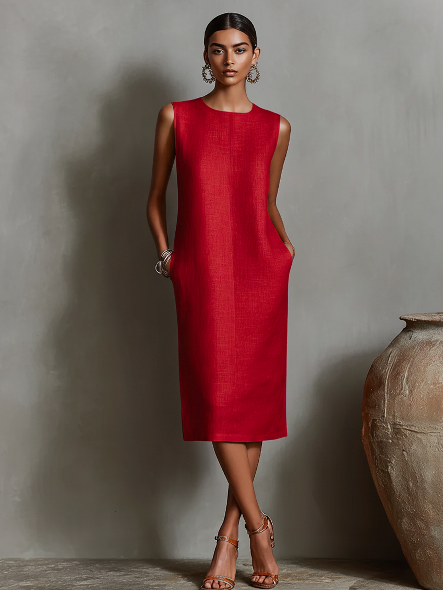 Women's Orange Dress With Sleeveless Round Neck & Side Pockets, Timeless Minimalist-Elegant Style Dress