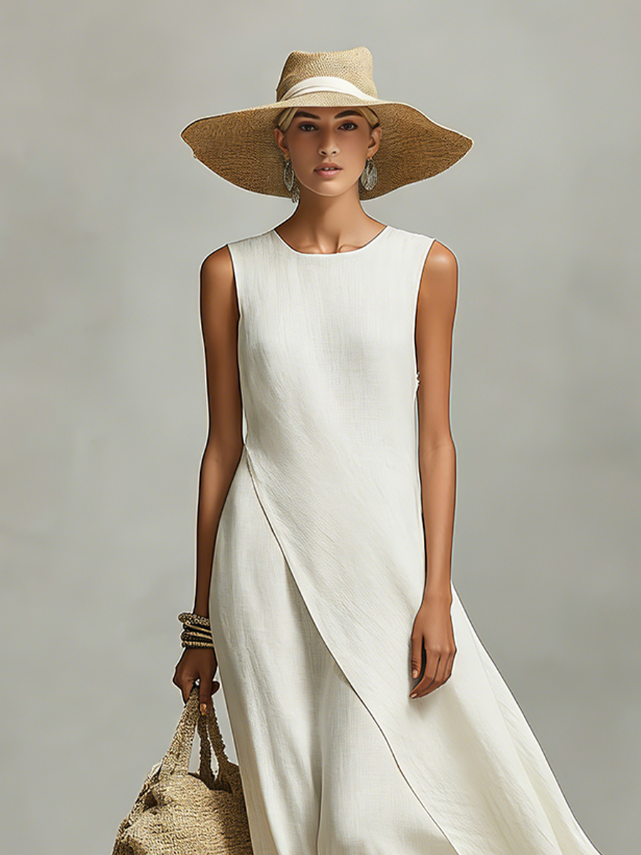 Women's Ivory Breathable Dress With Sleeveless Detail & Asymmetric Hem