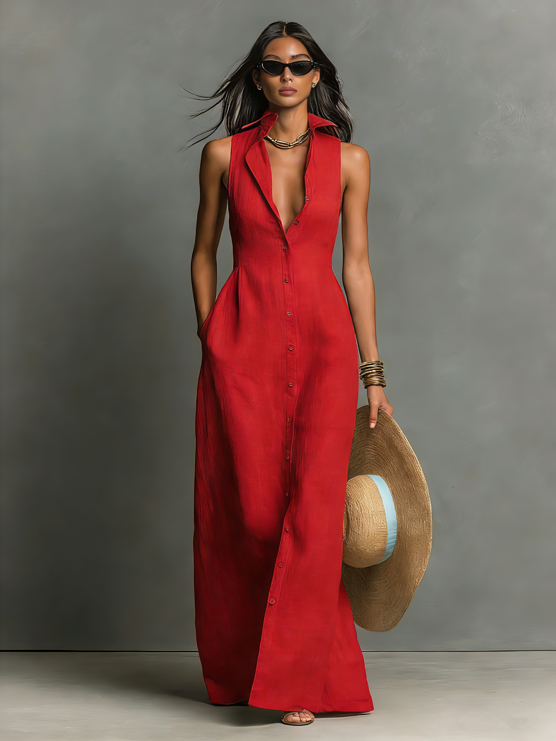 Women's Minimalist Collared Single-Breasted Sleeveless Maxi Shirt Dress