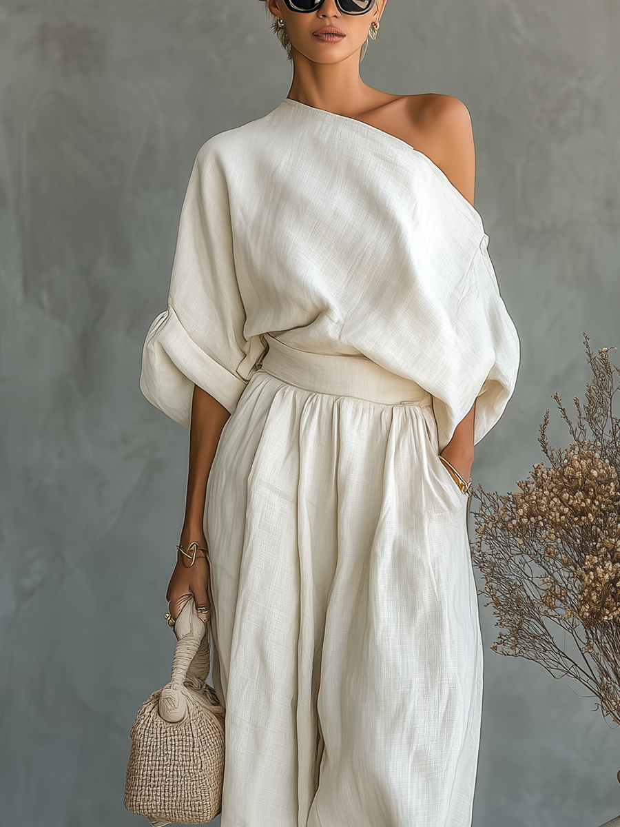 Women's white Off-shoulder Loose Casual Top And Tapered Pants Set