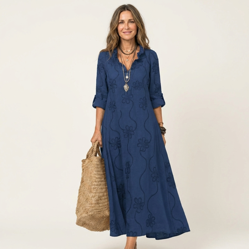 Mariam | Cotton-Linen Dress with Tonal Floral Embroidery