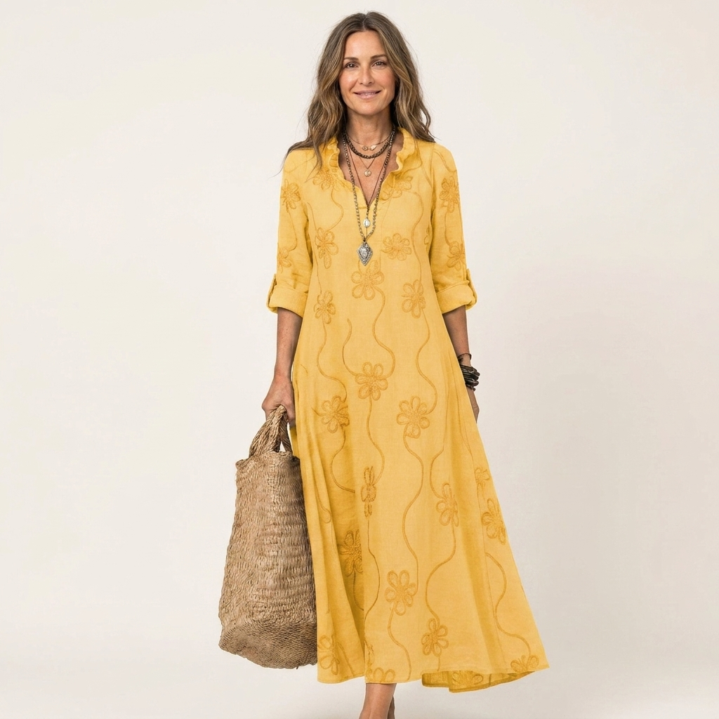 Mariam | Cotton-Linen Dress with Tonal Floral Embroidery