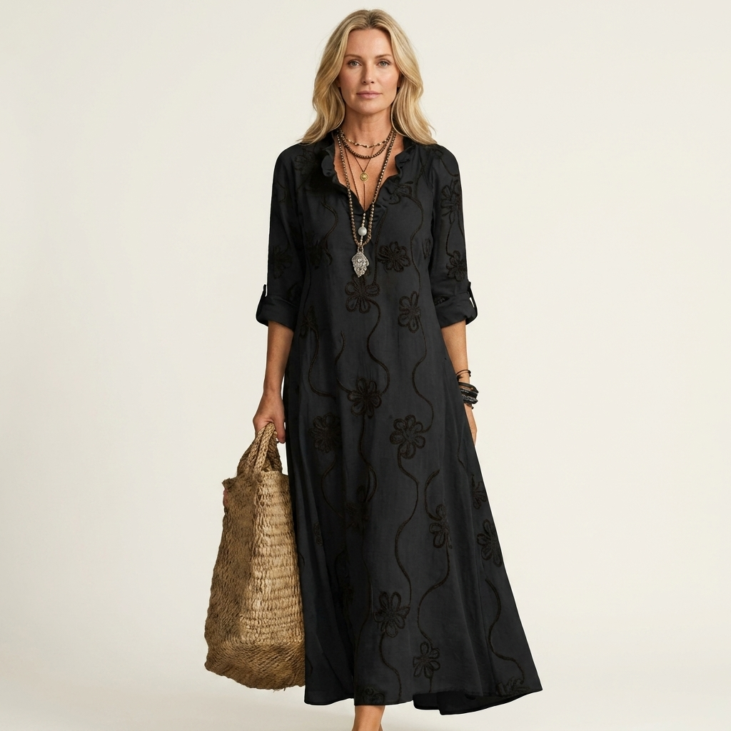 Mariam | Cotton-Linen Dress with Tonal Floral Embroidery